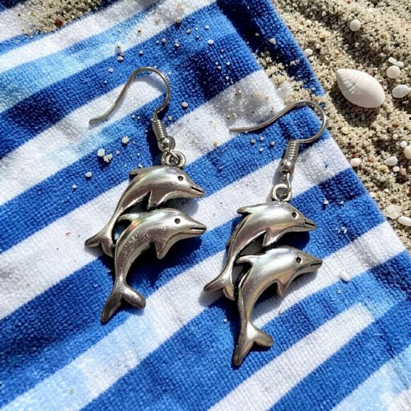 Jewelry - Silver Tone Dolphin Dangle Earrings, Ocean Theme Earrings, Beach Jewelry